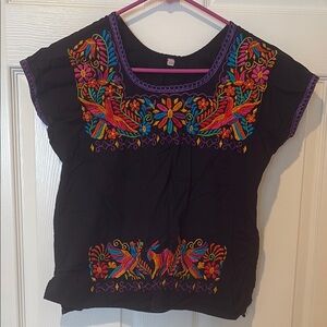Embroidered Black Top with Multicolor Design